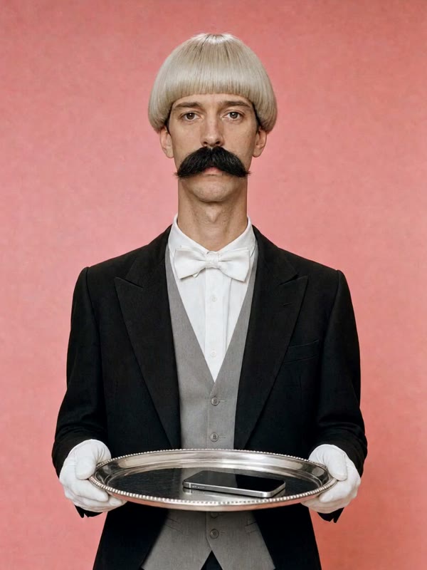 Jean, holding a silver tray with a phone on it